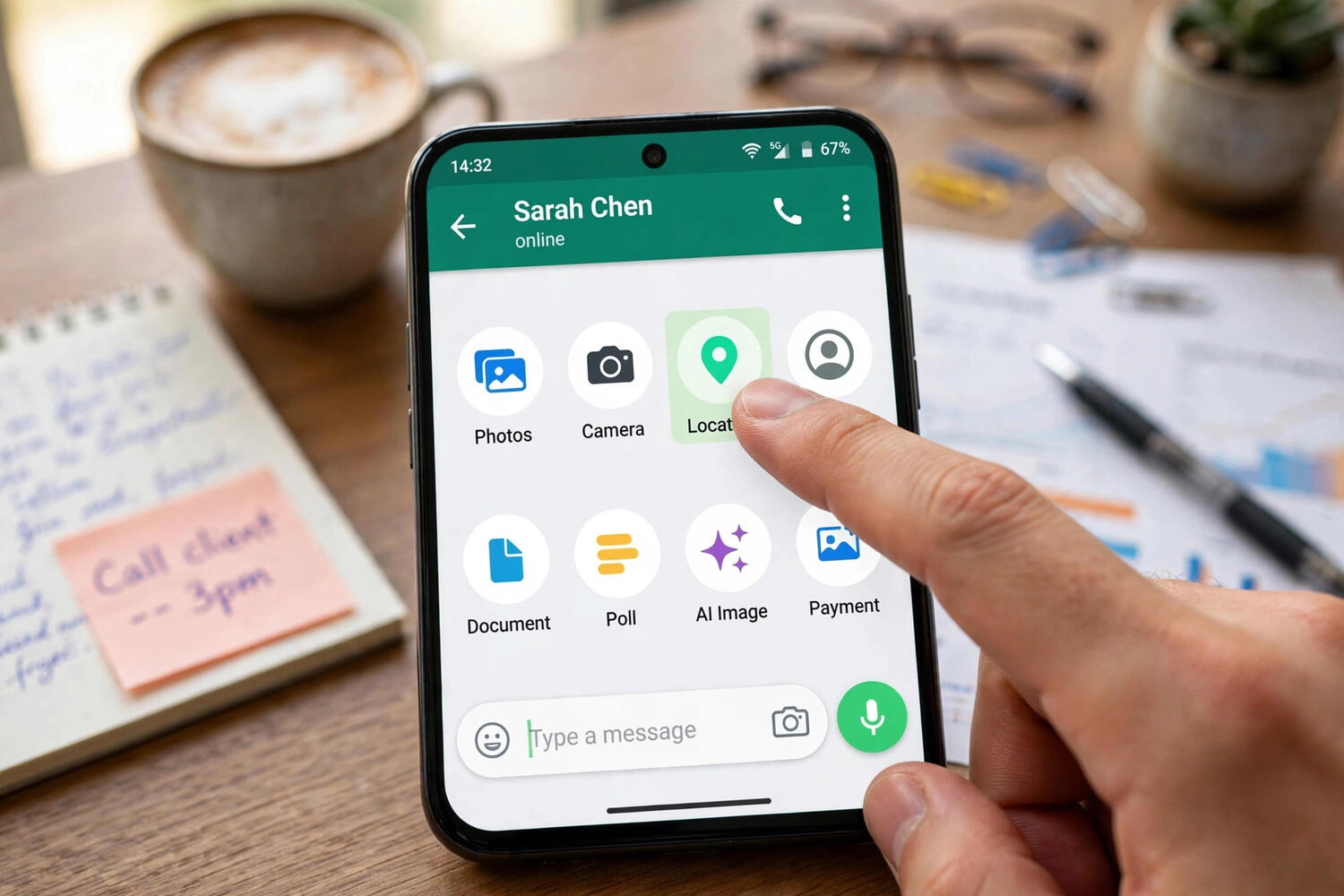 Hand tapping location sharing option in WhatsApp on a phone