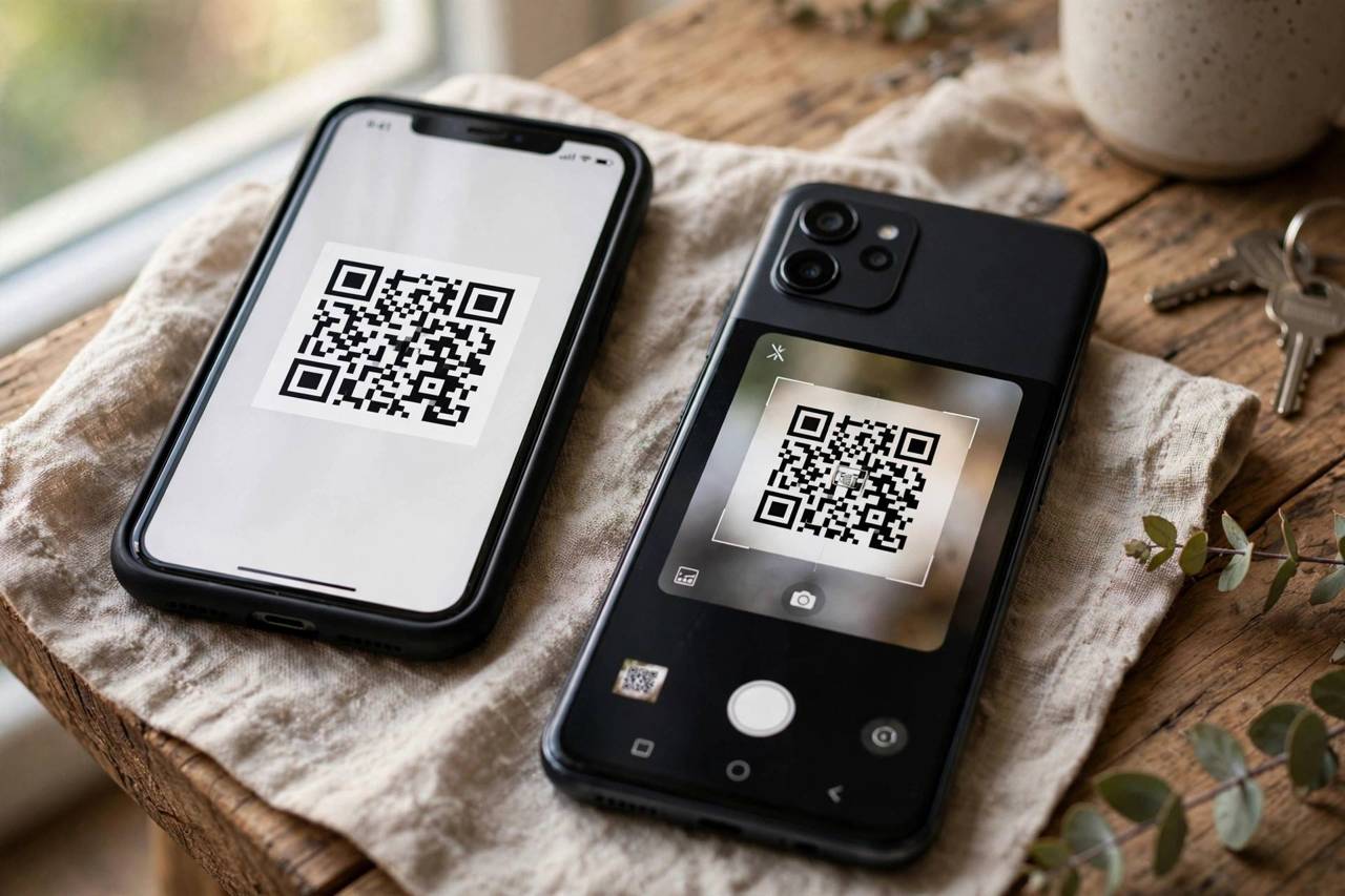 An iPhone displaying a WiFi QR code being scanned by an Android phone