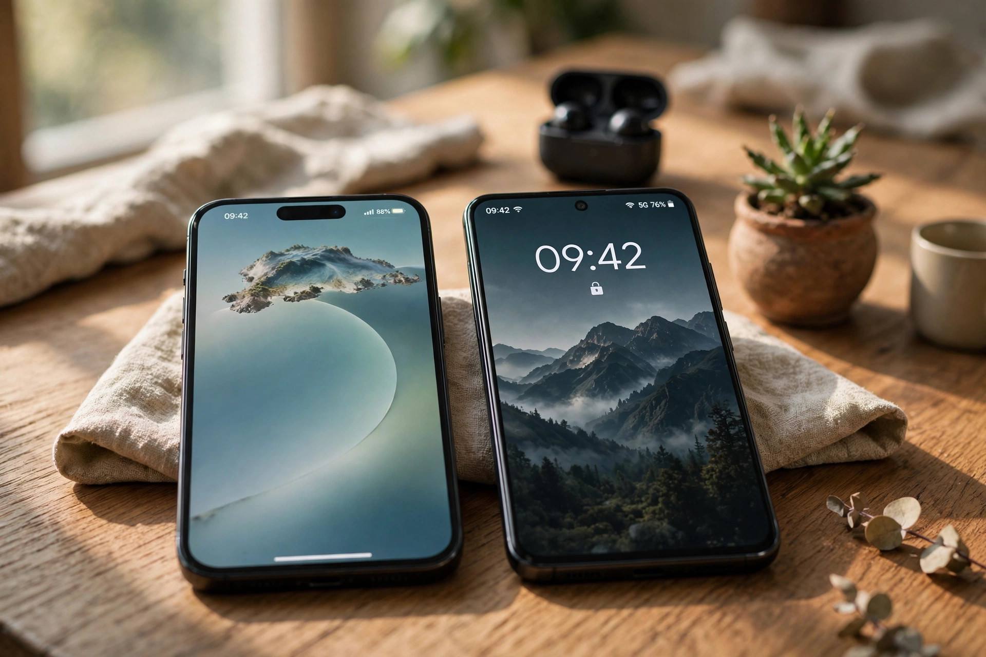Two phones side by side on a table, one iPhone and one Android, connected to WiFi
