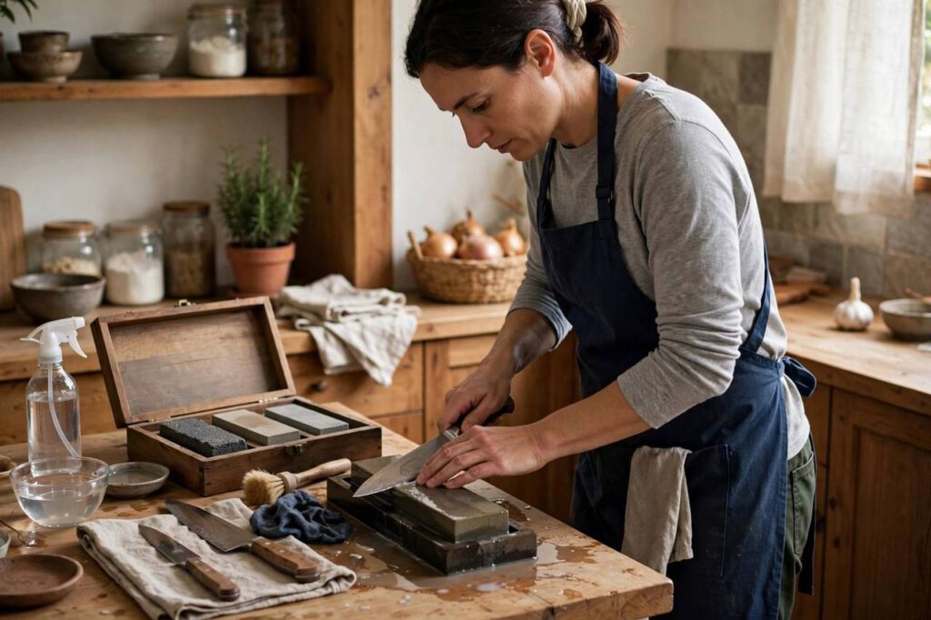 Home cook sharpening kitchen knives with a whetstone kit