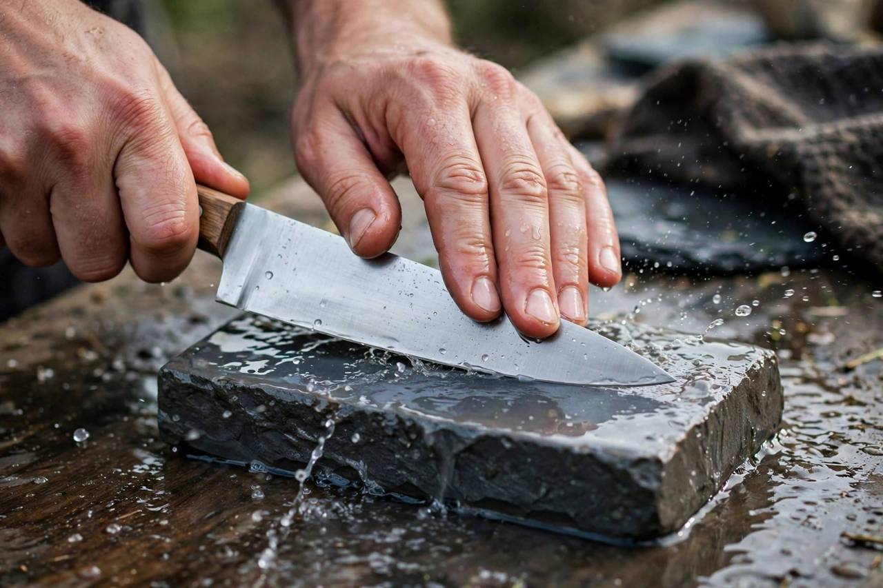 Hands sharpening a chef knife on a whetstone with water