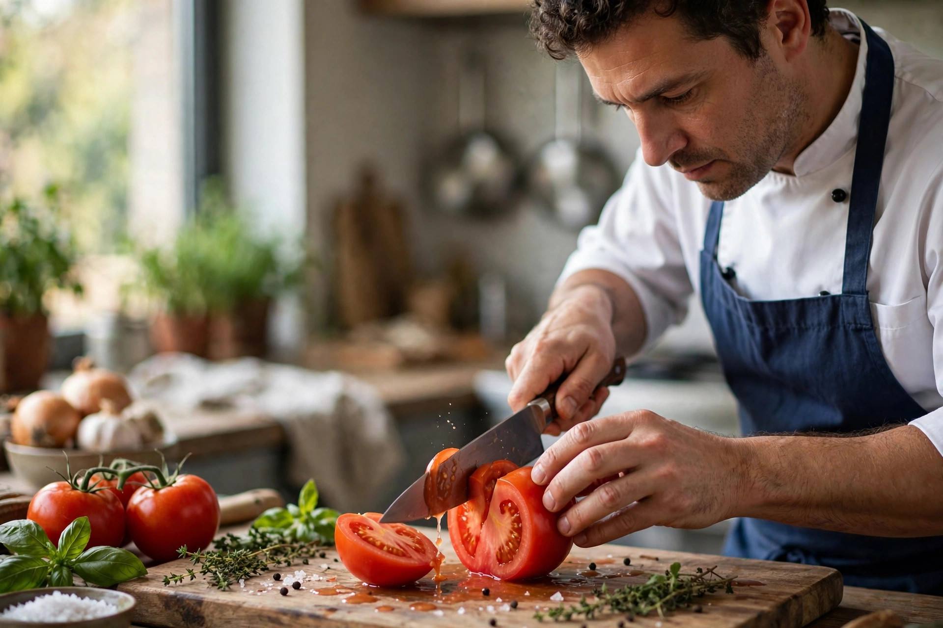 Chef testing knife sharpness by slicing a ripe tomato effortlessly