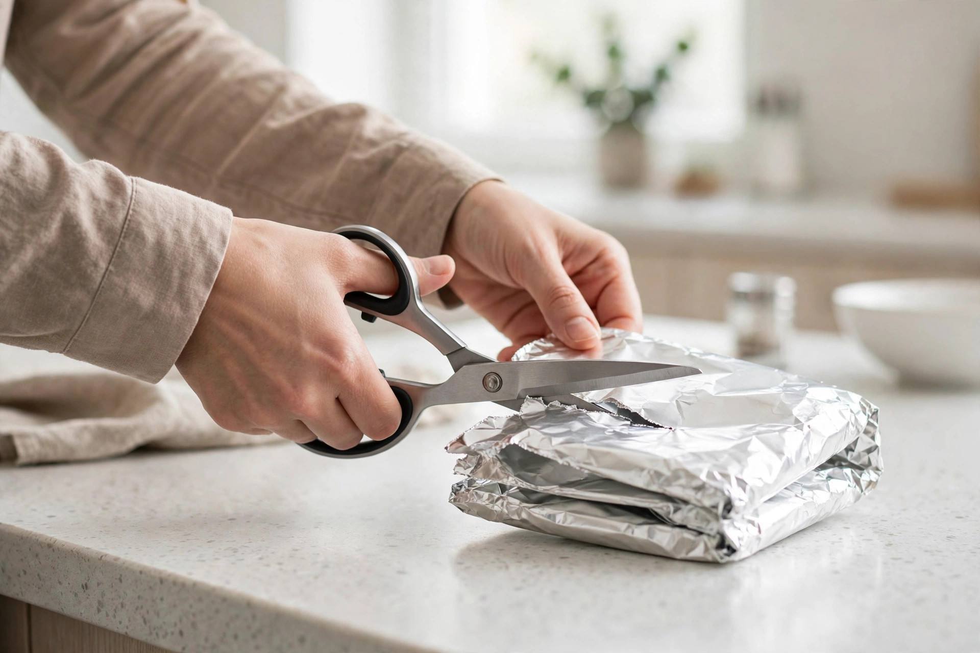 A pair of scissors cutting through folded aluminum foil on a kitchen counter