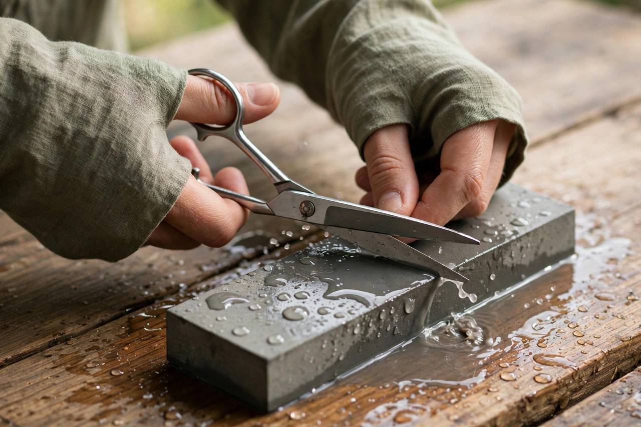 Close-up of scissor blades being sharpened on a wet whetstone at an angle