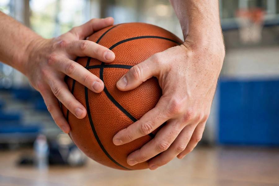 Close-up of hand placement for how to shoot a basketball correctly