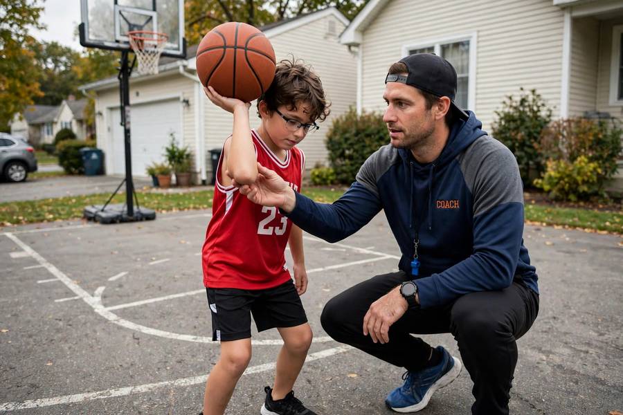 Coach teaching a young player how to shoot a basketball