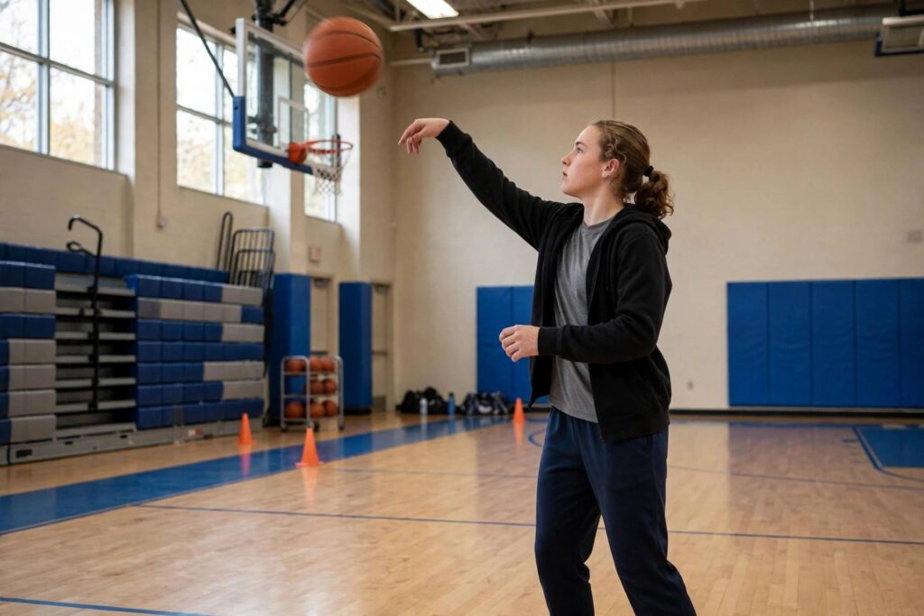 Young player practicing basketball shooting drills in a gym