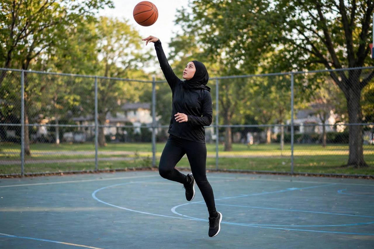 Basketball player shooting a jump shot with perfect form on outdoor court