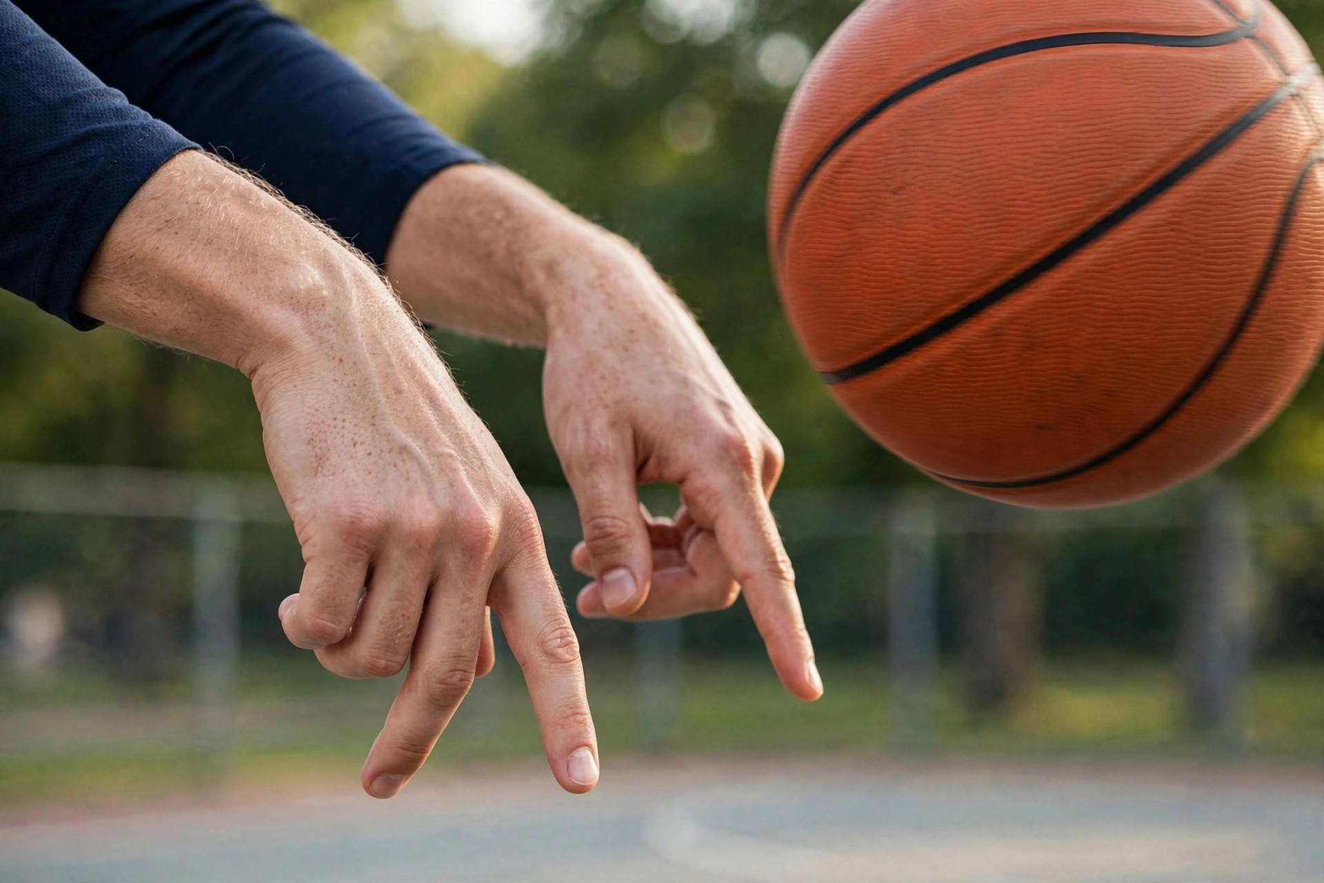 Close-up of basketball leaving shooters hands with proper follow through
