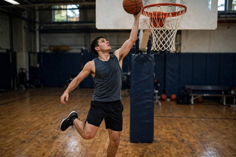 Photorealistic photo of a player practicing left-hand Mikan layups under the basket, focused