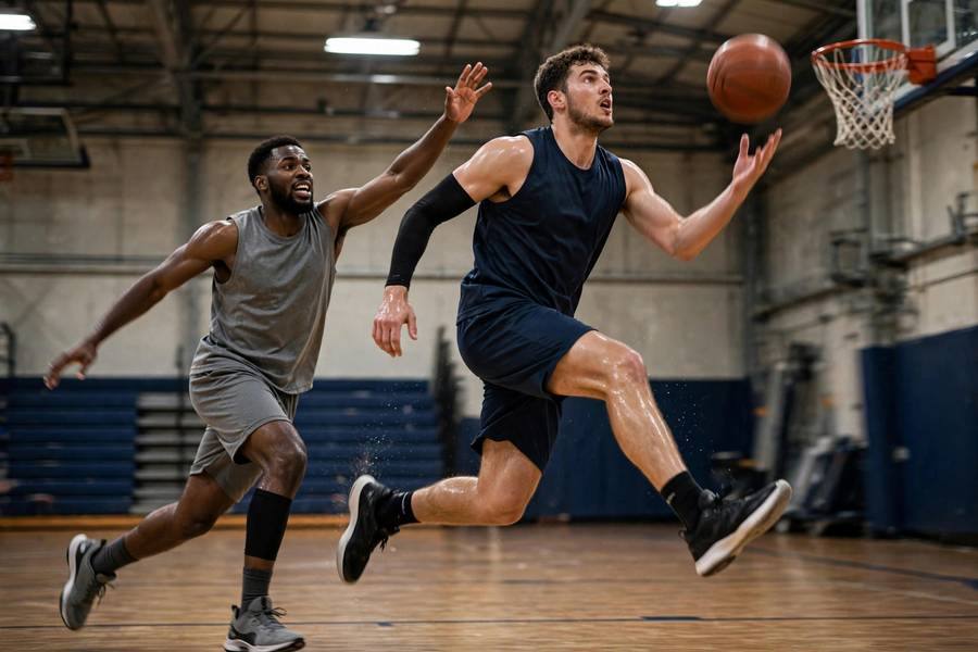 Photorealistic action shot of a Euro step finish around a defender, dynamic motion, gym lighting