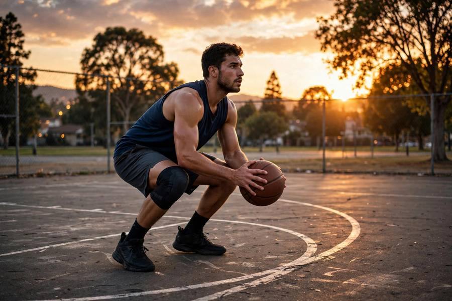 Photorealistic image of a shooter with deep knee dip loading a three-point shot, outdoor court sunset
