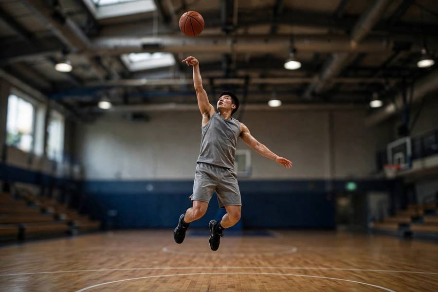 Photorealistic photo of perfect high arc on a three-point shot, ball at peak over the court