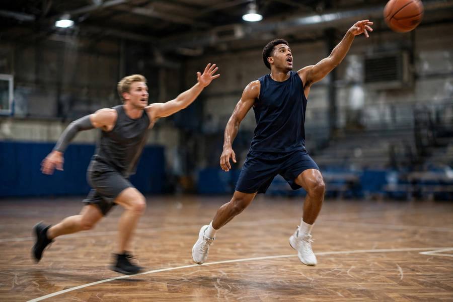 Photorealistic action shot of a catch-and-shoot three with feet set, defender closing out late