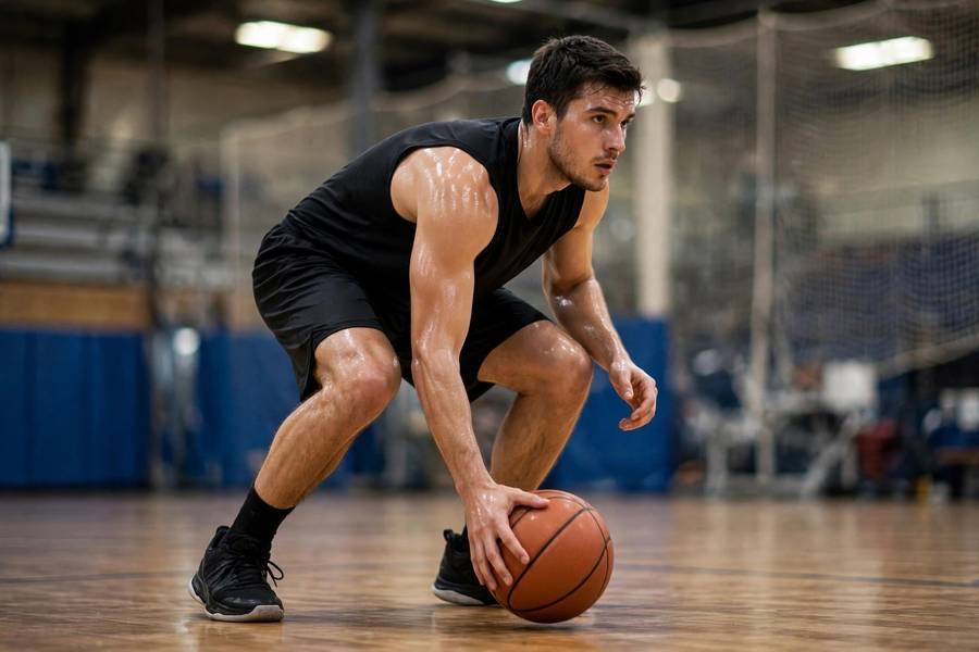 Photorealistic image of a basketball player gathering the ball low on the final dribble before a pull-up
