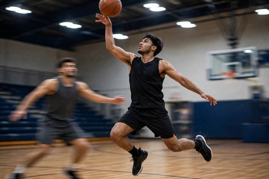 Photorealistic photo of a step-back jumper creating separation, dynamic motion, gym lighting