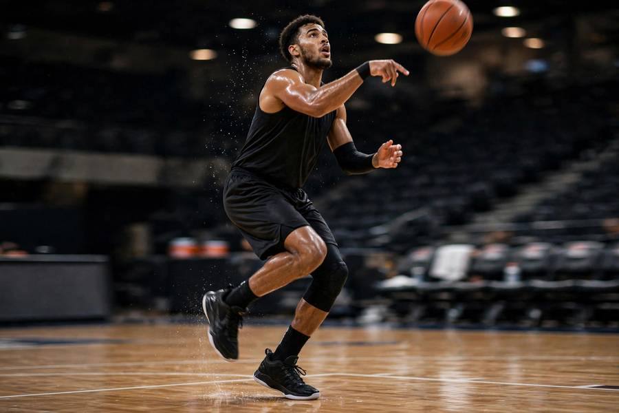 Photorealistic action shot of a player planting hard into a 1-2 step for an off-the-dribble shot