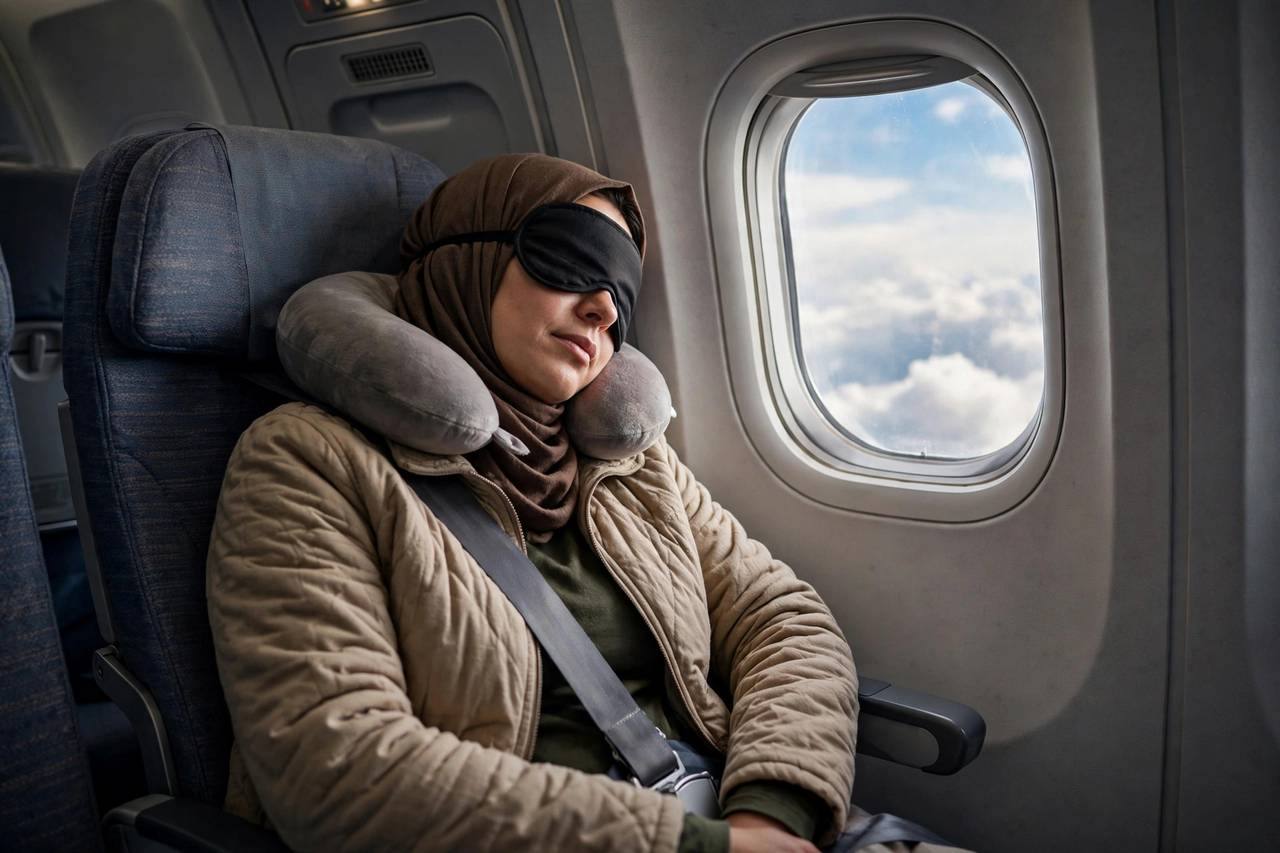Airplane passenger sleeping comfortably in a window seat wearing an eye mask and neck pillow