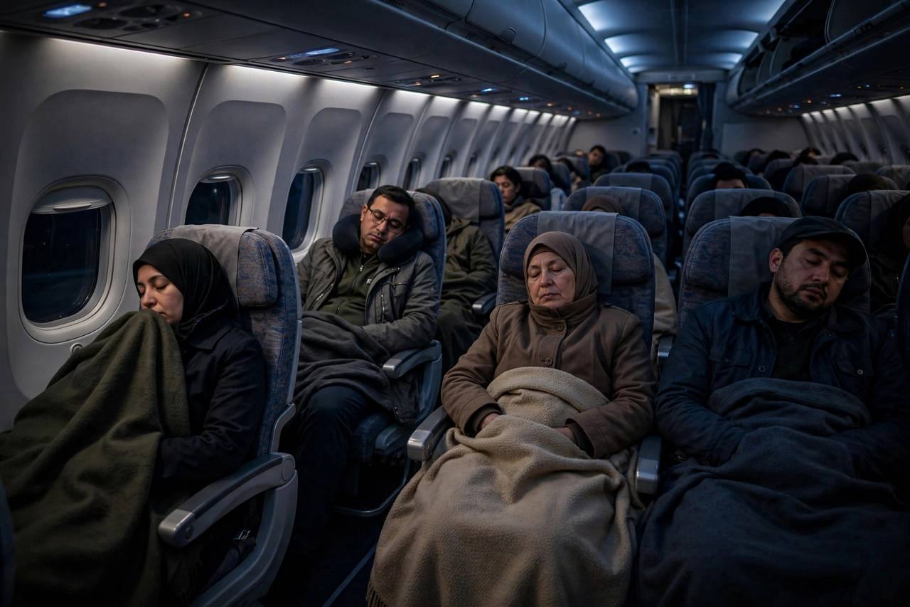 Airplane cabin at night with dimmed lights and passengers resting under blankets