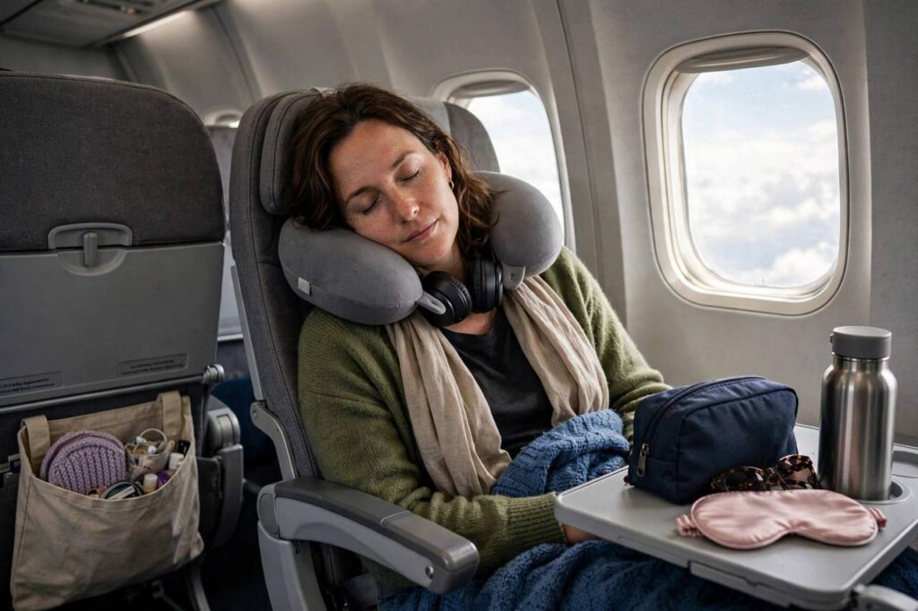 Woman sleeping peacefully on an airplane with travel accessories