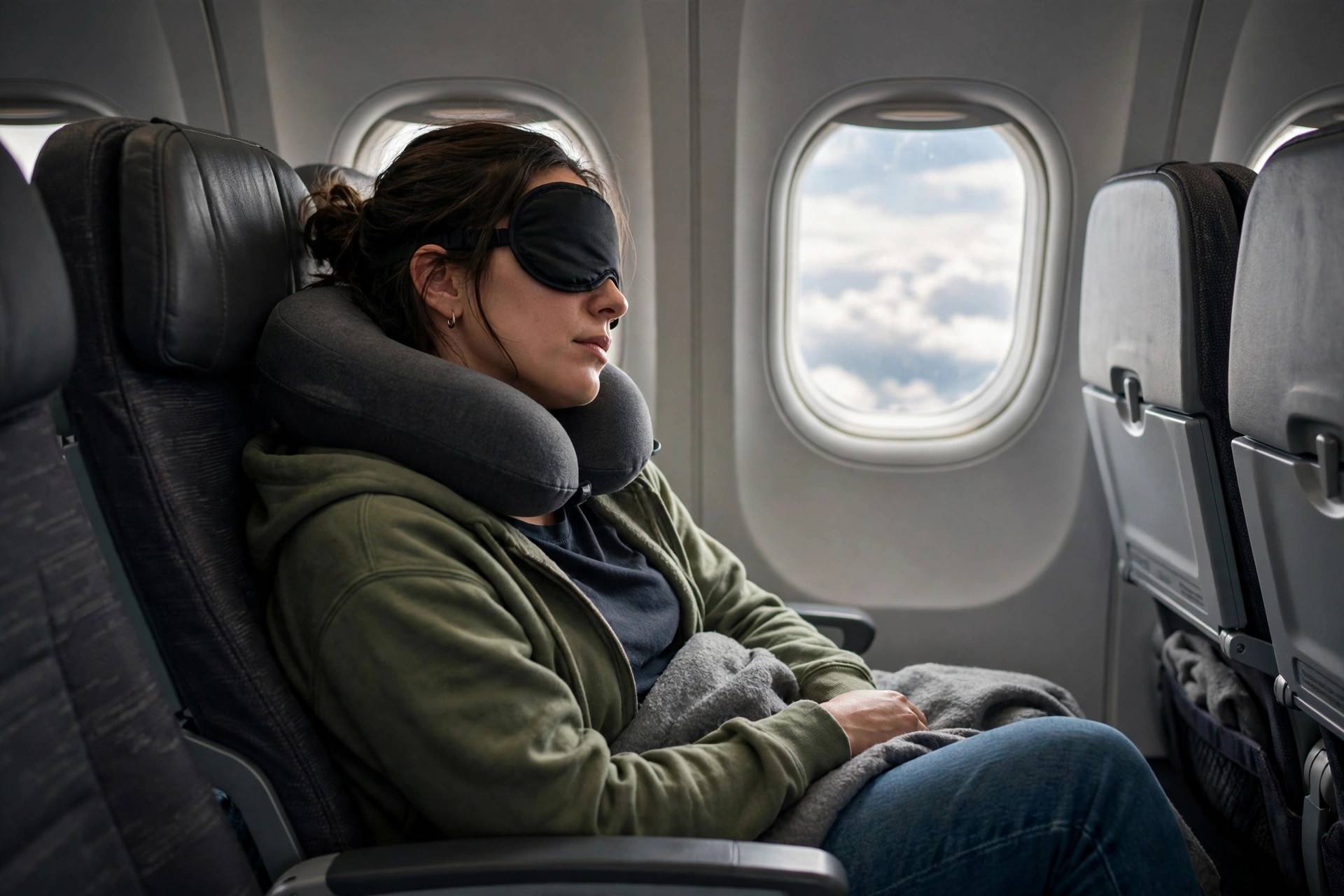 Traveler sleeping comfortably on an airplane wearing a sleep mask and neck pillow