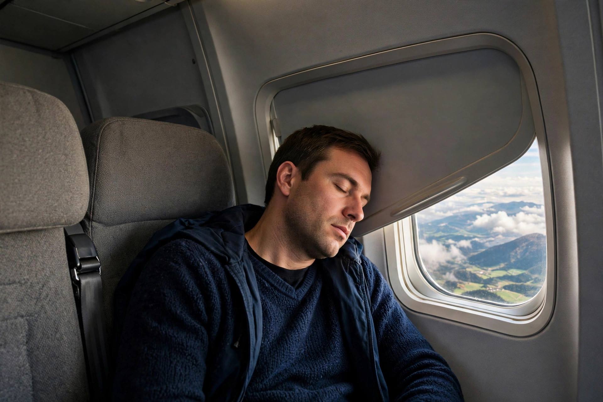 Airplane cabin window view with a passenger resting against the window shade