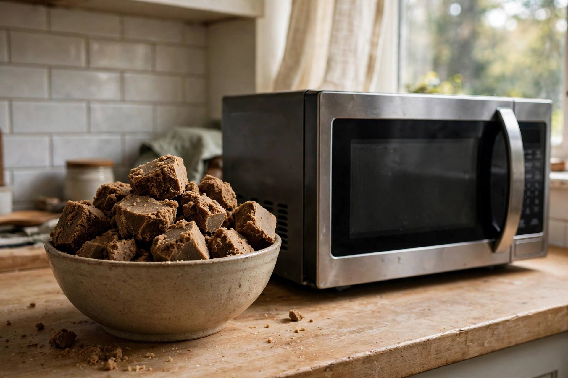 A bowl of hardened brown sugar chunks next to a microwave in a kitchen