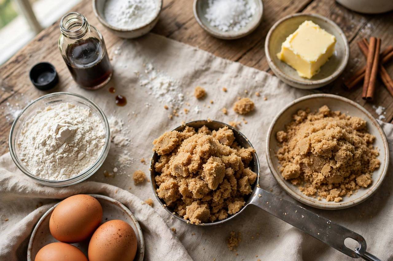 Soft brown sugar being measured with a spoon next to baking ingredients