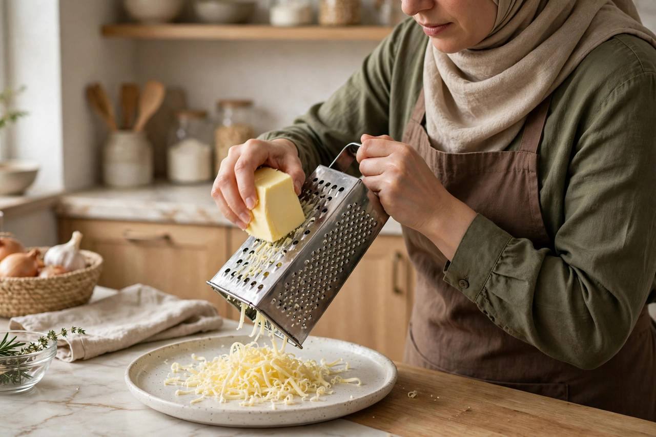 Cold butter being grated on a box grater into shreds on a plate in a kitchen