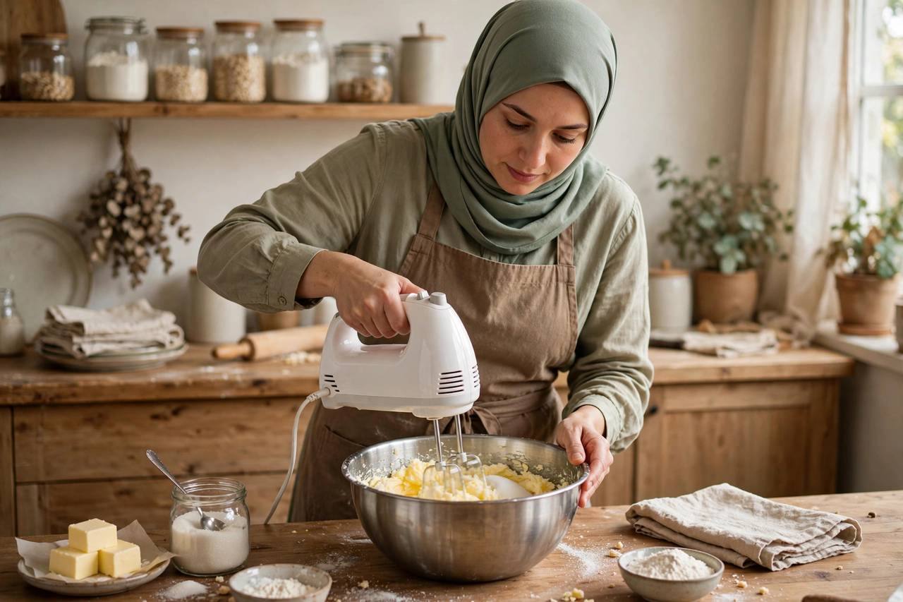 Baker creaming softened butter and sugar together in a mixing bowl with a hand mixer