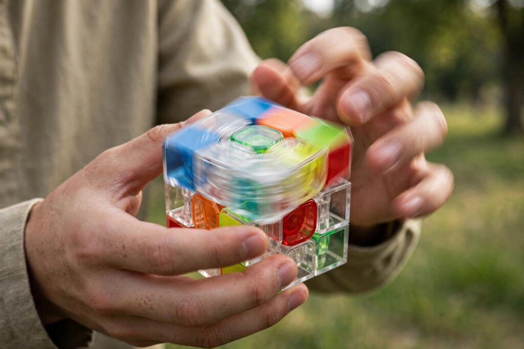 A speedcuber's hands performing finger tricks on a stickerless Rubik's cube during a timed solve
