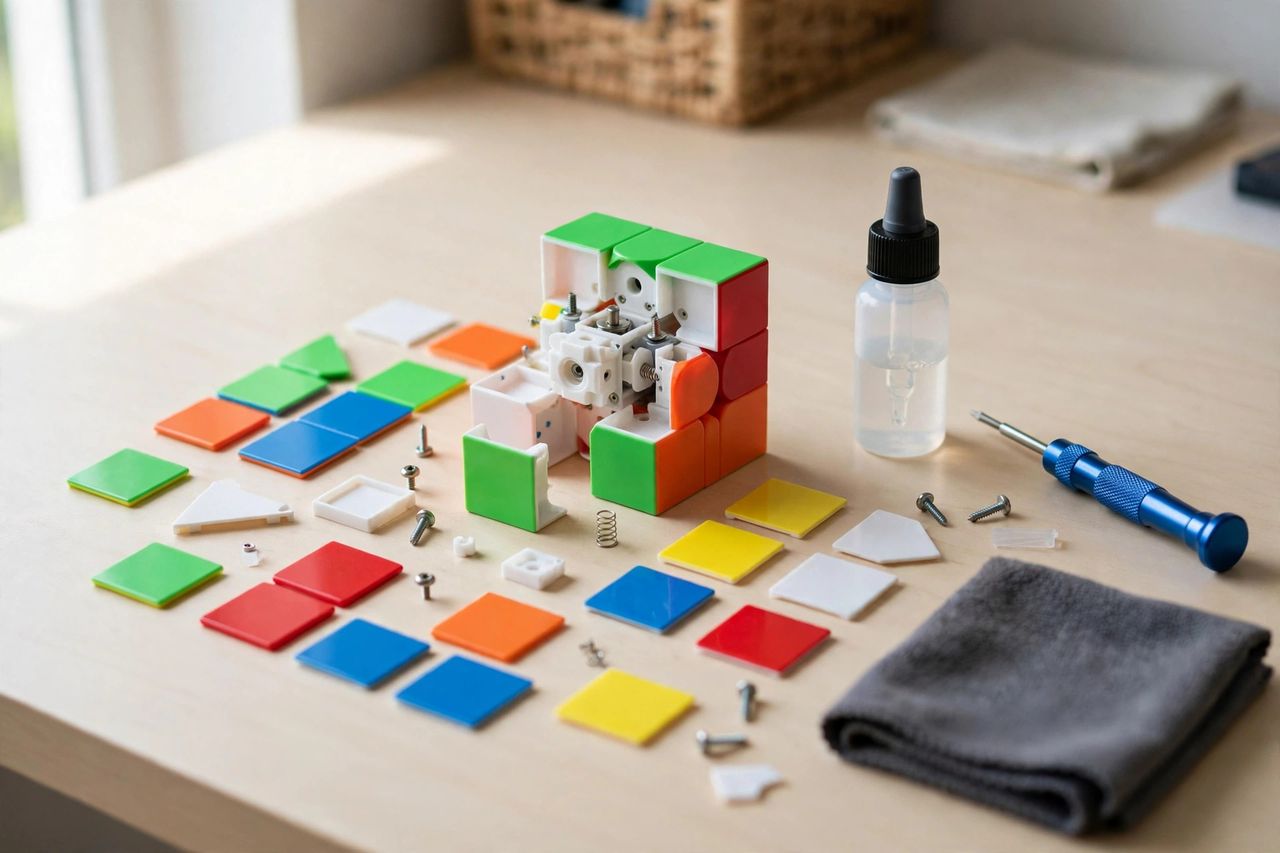 A disassembled speedcube with lubricant bottle and screwdriver laid out on a desk for cube setup