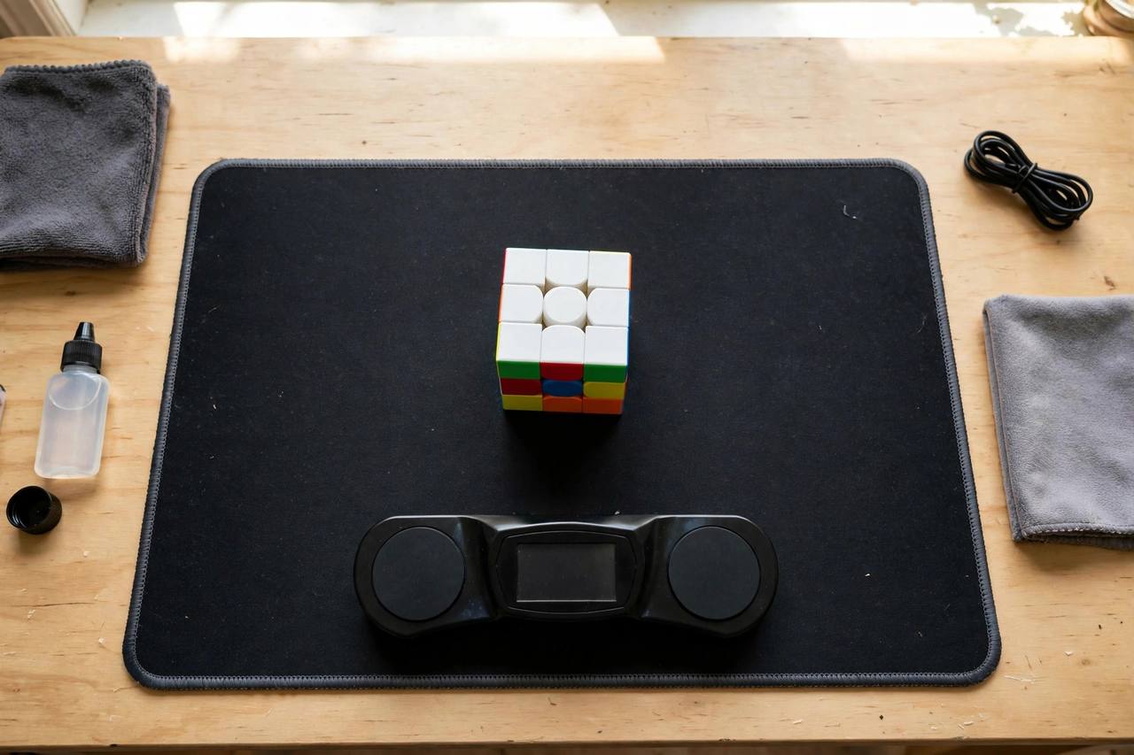 Overhead view of a cuber practicing cross solutions on a timer mat with a half-solved cube