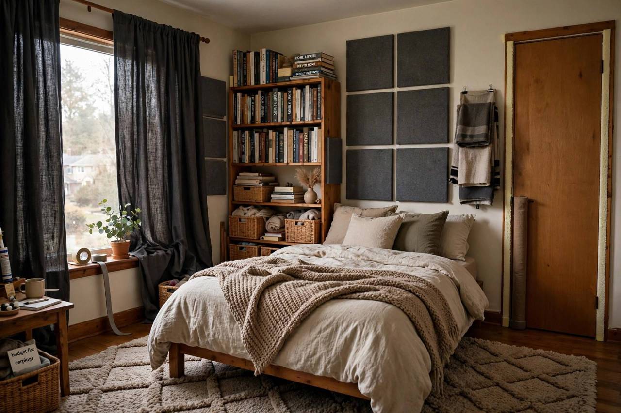 Cozy bedroom with thick rug curtains and bookshelf reducing noise