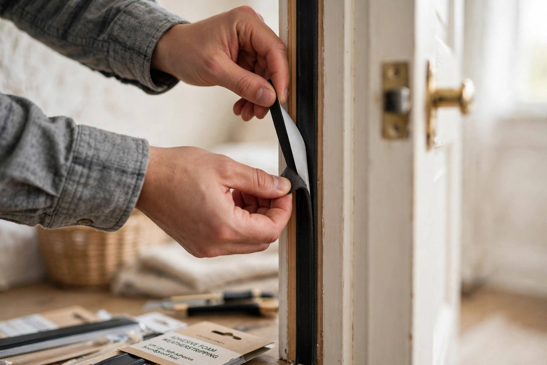 Hands installing adhesive weatherstripping around a bedroom door frame