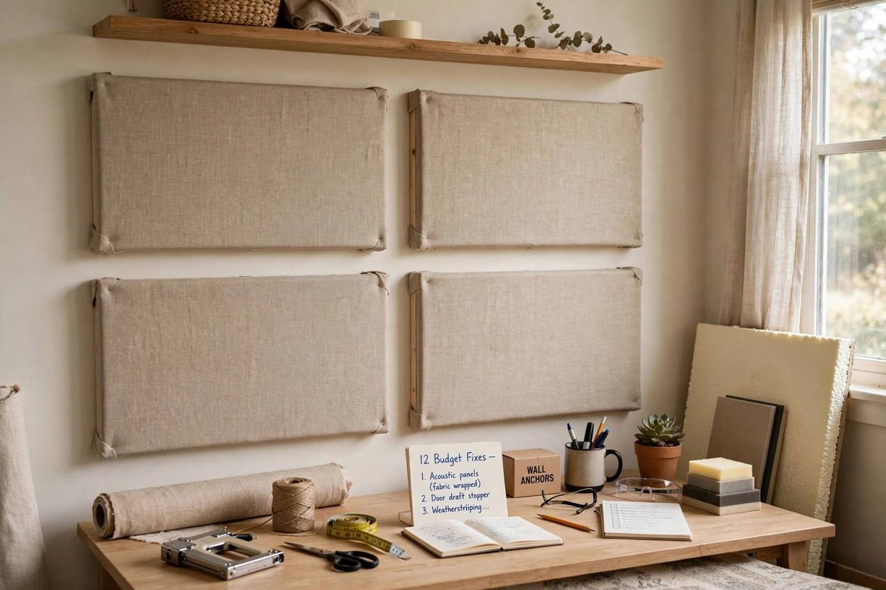 DIY acoustic panels wrapped in fabric mounted on a home office wall