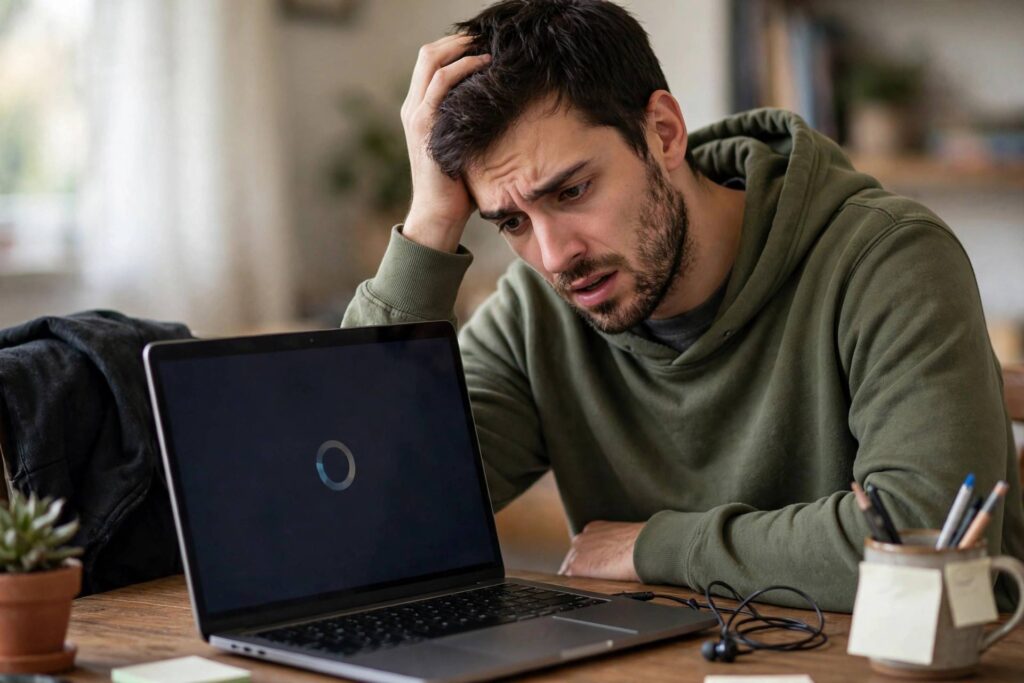 Frustrated person looking at a slow loading laptop screen