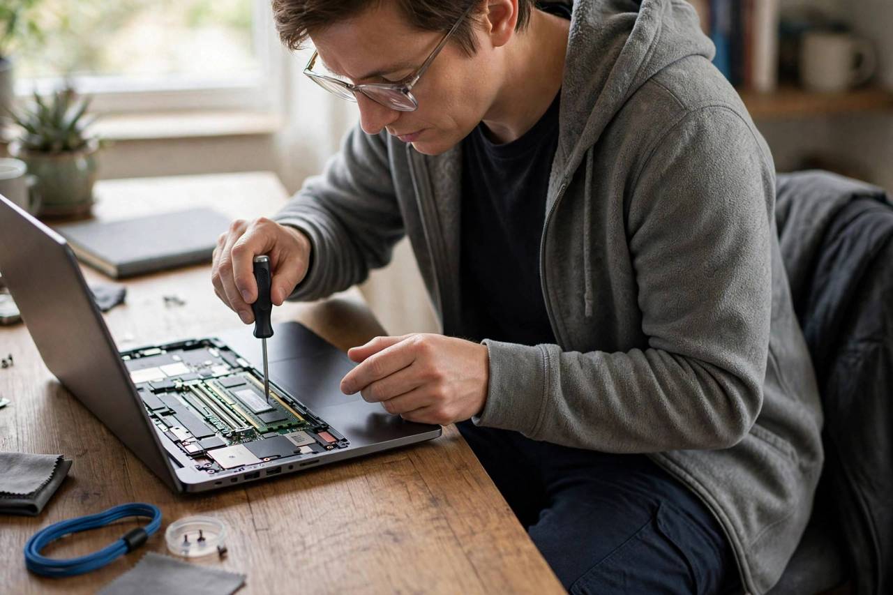 Frustrated person looking at a slow loading laptop screen