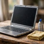 How to Speed Up an Old Laptop: 6 Proven Fixes Older laptop open on a wooden desk with cleaning supplies for speeding up an old laptop