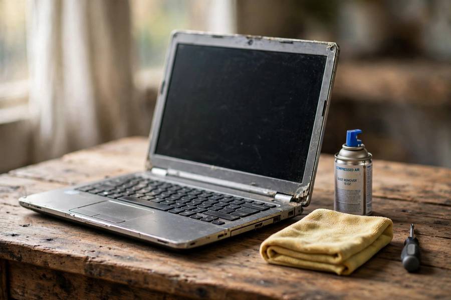 Older laptop open on a wooden desk with cleaning supplies for speeding up an old laptop