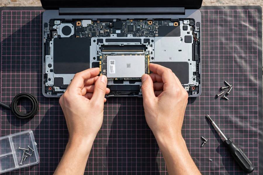 Hands upgrading an old laptop with an SSD drive and screwdriver nearby