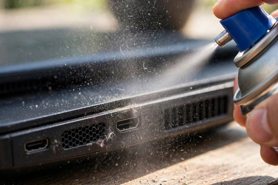 Close-up of dusty laptop cooling vents being cleaned with compressed air to speed up an old laptop