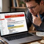 Person examining a suspicious phishing email on a laptop
