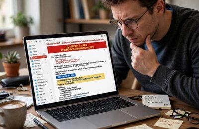 Person examining a suspicious phishing email on a laptop