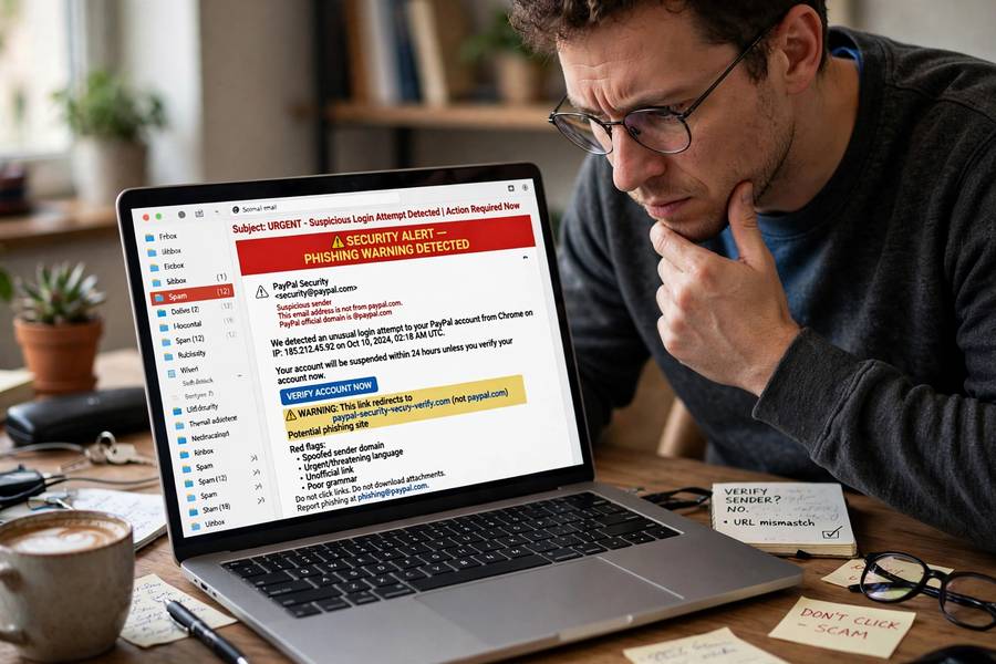 Person examining a suspicious phishing email on a laptop