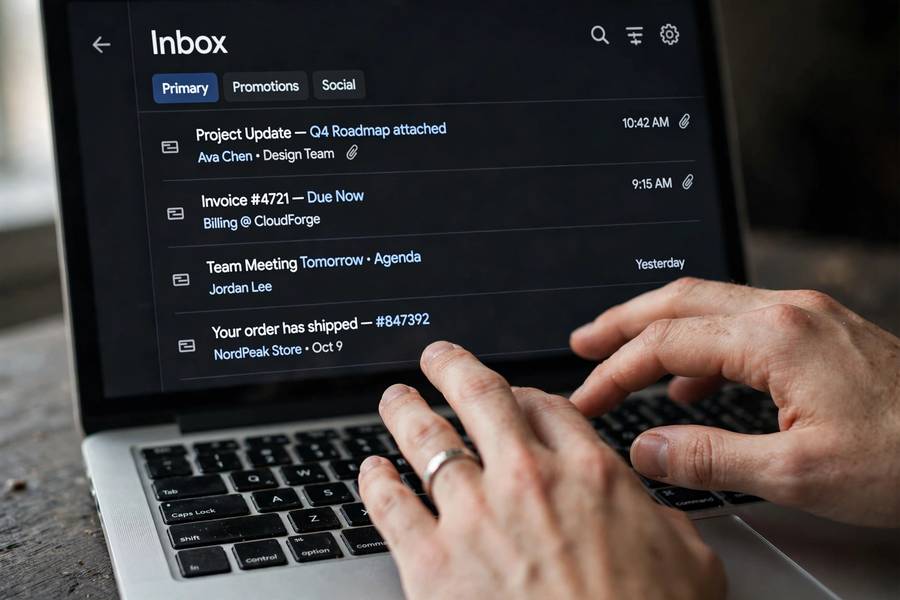 Hands over a laptop keyboard with an email inbox visible