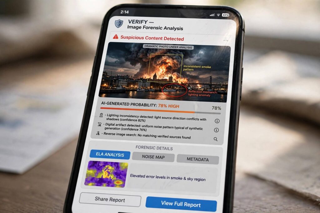 Close-up of a smartphone screen showing a suspicious dramatic news photo being analyzed