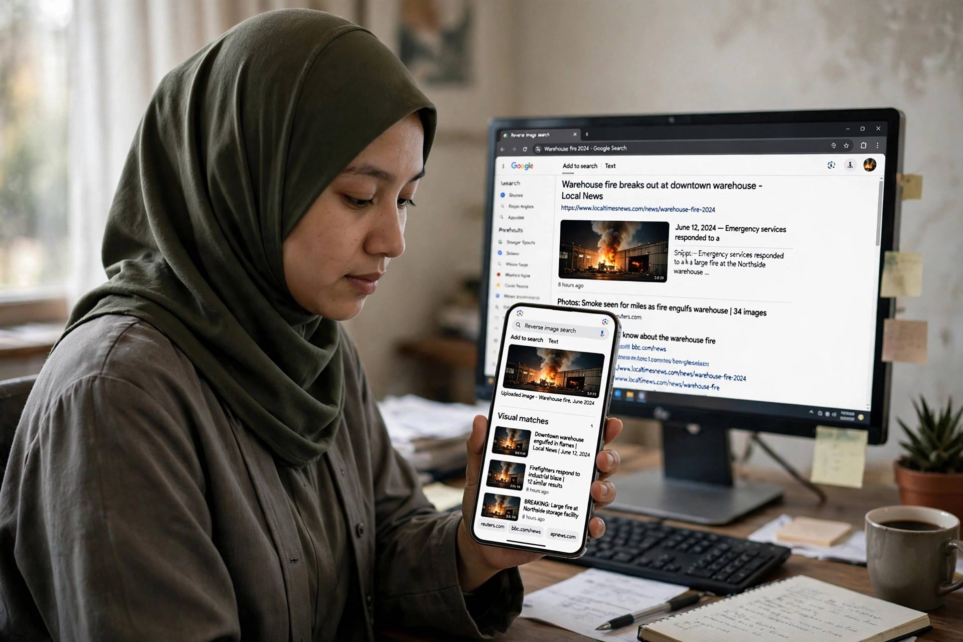 Person holding a smartphone running a reverse image search on a dramatic news photo, desktop screen showing matching results