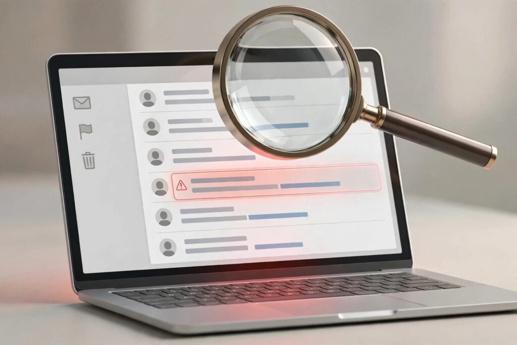 Laptop showing an email inbox with a magnifying glass highlighting a suspicious message, stylized illustration