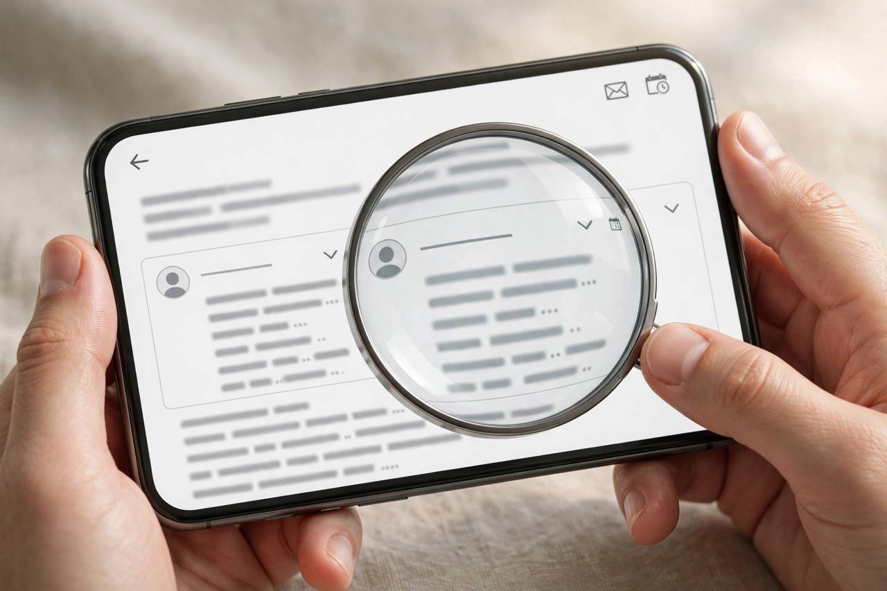 Close-up of hands holding a smartphone showing an email with sender details expanded, stylized illustration